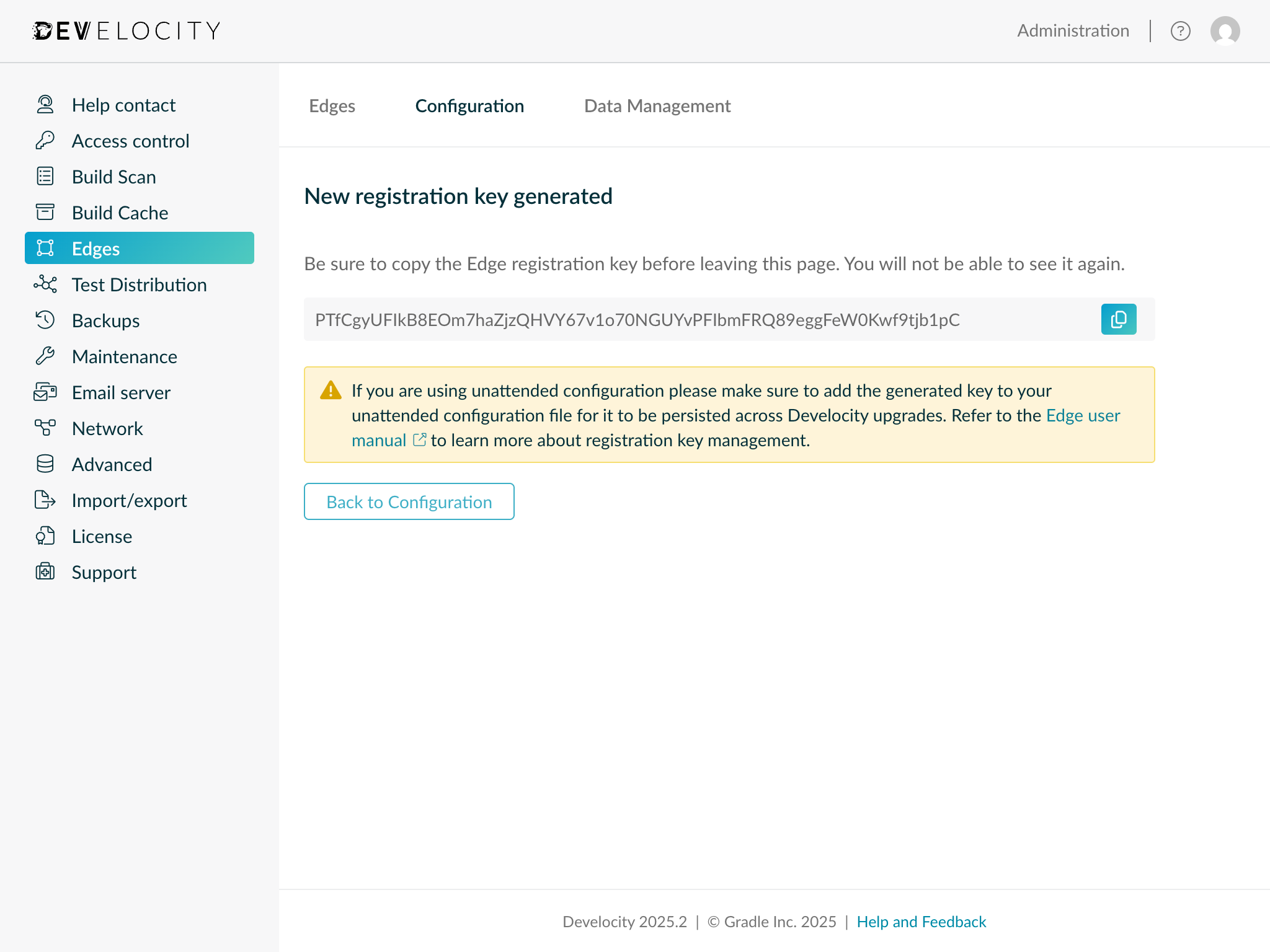 administration new registration key generated page